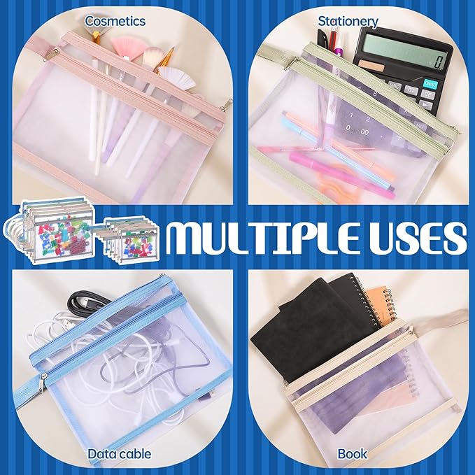 SHENLIU 20 Pack Mesh Zipper Pouch Bags, 5 Colors Double Layer Nylon Mesh Bags with Handle Storage & Organization A4 & A5 Breathable See Through Zipper Pouch for Puzzle Board Storage Office Travel