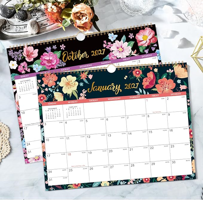 Calendar 2026-2027 - Wall Calendar 2026-2027, Jul. 2026 - Dec. 2027, 15" x 11.5", 18 Monthly Wall Calendars, Twin-Wire Binding + Hanging Hook + Thick Paper + Julian Dates - Floral