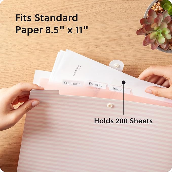 U Brands Poly 6 Pocket Expandable Folder with Tabs, Preppy Pink Stripes, 1 Count, Letter Size, 1/5-cut tabs and 14 Blank Adhesive Labels