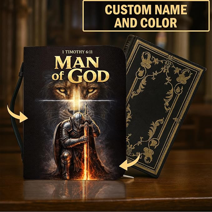 Personalized Man of God Bible Cover for Men, Christian PU Leather Bible Case with Handle Zipper, God Says I Am Warrior Scripture Bible Holder, Religious Gift for Men (Man of God)