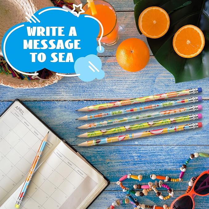 Fainne 36 Pcs Beach Themed Summer Pencils with Eraser Bulk Hawaiian Party Favors Cool Summer Novelty Fun Wooden Colorful Pencils for Class School Office Supplies Reward Prize Party Gifts, 6 Style