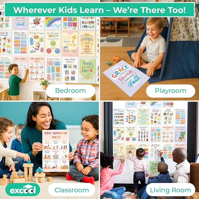 Excool Club Sunday School Decorations For Classroom - 24 Book Of The Bible Posters For Kids, Ten Commandments Fruit Of The Spirit Wall Art, Bible Study Supplies For Christian Classroom Decor (11"x17")