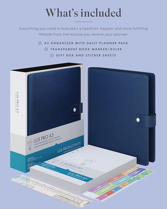 LUX PRO A5 - Daily Planner & appointment diary 2024 - Gratitude journal, wellness journal & Undated weekly planners and organisers - Desk journals for women & men - LUX Productivity (Blue - Midnight)