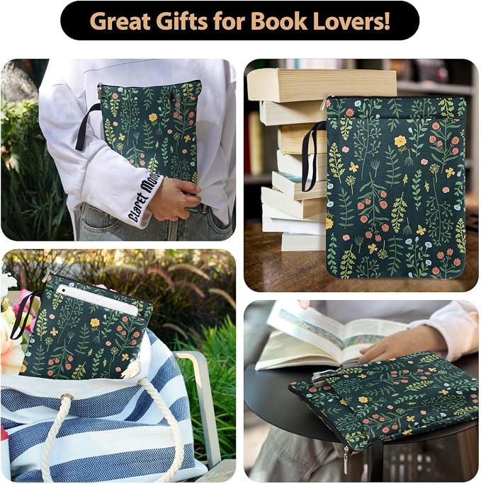 Wildflower Pattern Book Sleeve for Book Lovers Women Grandma Daughter Readers Librarian with Zipper & Handle, BookCover Case Book Club Gifts Book Accessories
