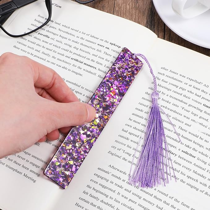 Piriuuo 2 Pcs Bookmarks for Girls, Glitter Resin Bookmarks Transparent Kids Art Bookmark with Colorful Silk Tassels for Women Girls Book Lovers Reading Presents