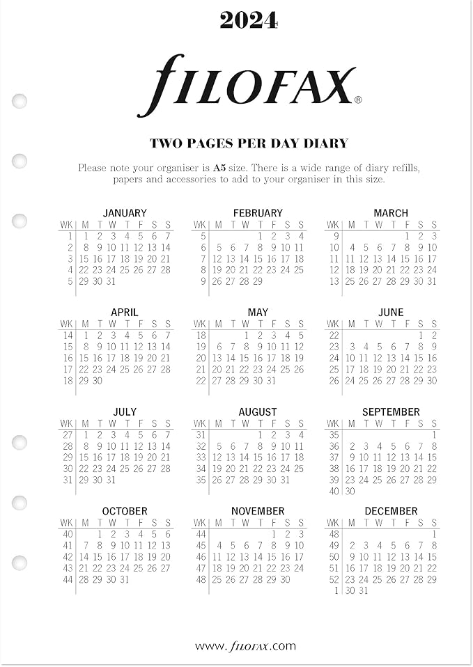 Filofax Calendar Diary Refill, A5 Size, Week-to-View with Appointments, Time Management, White Paper, Ruled, English, 2024 (CTM7051-24)