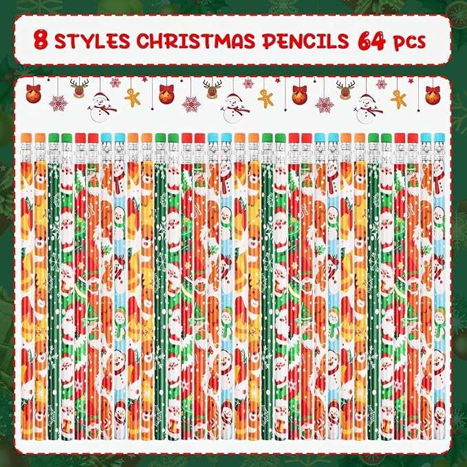 SULOLI 64 Pcs Christmas Pencils with Eraser, Xmas Themed Pencil with Santa Claus, Elk, Christmas Tree and Snowflake for Children Christmas Party Supplies(8 Styles)