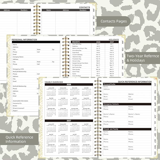 2026 Planner, Jan.2026 - Dec.2026 Planner Weekly and Monthly 6.25"x8.5" with Page Tabs, Calendar Hardcover with Inner Pocket, Elastic Band, Twin-Wire Binding, Bookmark, Gray Leopard