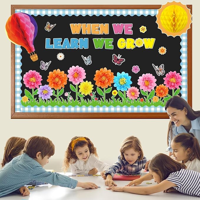 Spring Bulletin Board Decorations Flowers Themed Bulletin Board Set When We Learn We Grow Bulletin Board with 3D Paper Flower Cutouts for Back to School Classroom Wall Decor