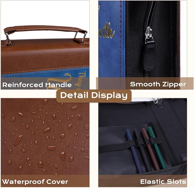 XKDOUS 20 Pcs Bible Cover Kit for Men Leather Book Carrying Case Church Bag Holder with Handle, Tabs, Pens, Study Supplies Christian Gift Father Day for Dad, Mom, Women, Friends