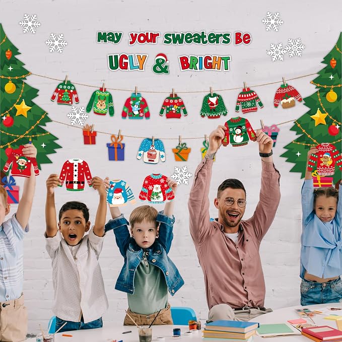 Pasimy Christmas Bulletin Board Decorations Set Ugly Sweater Paper Cutouts Xmas Tree Snowflake DIY May Your Sweater Be Ugly and Bright Classroom Decor for School Chalkboard Home Winter Holiday Party