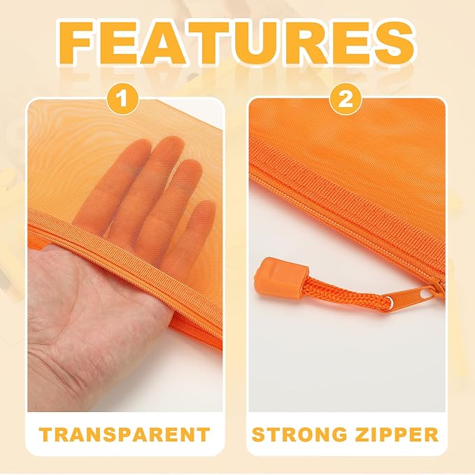 PATIKIL A5 Mesh Zipper Pouch Bags, 5 PCS Mesh Bags with Zipper Plastic Storage Pocket for Organizing File Beads Office Home Supplies, 18x25cm, Orange