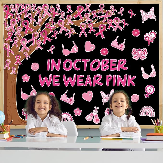 JarThenaAMCS 99 Pcs Breast Cancer Awareness Tree Bulletin Board Decoration Pink Ribbon Tree Paper Cutouts with 200 Pcs Glue Points for Party Home Classroom Office