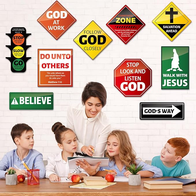 20 PCS Christian Road Signs VBS Decorations Religious Bulletin Board Set Christian Construction Sign Paper Cutouts Jesus Bible Verse Wall Decor for Sunday School Classroom Church