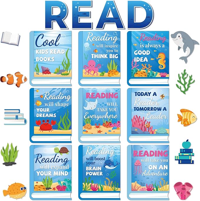 Under The Sea Reading Bulletin Board Poster for Classroom Motivational Dive Into Reading Bulletin Board Ocean Blue Animal Cutouts Elementary Educational Prints Poster for Teachers Preschool Library