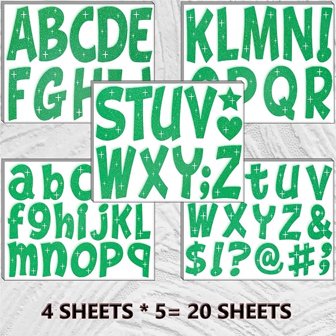 260 PCS Bulletin Board Letters 4 Inch Glitter Large Sticker Letters for Bulletin Board Self-Adhesive Alphabet Poster Board Letter for Classroom Home School Decor(Green)