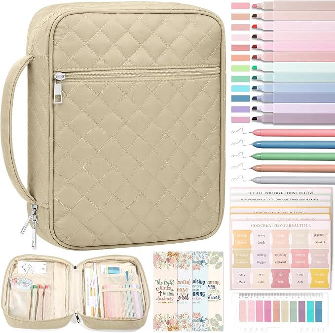 XKDOUS Quilted Bible Cover Case with Bible Study Accessories Kit, Waterproof Large Capacity Bible Bag for Women, Portable for Church Study, Multiple Morandi Color Options (Oat Beige)