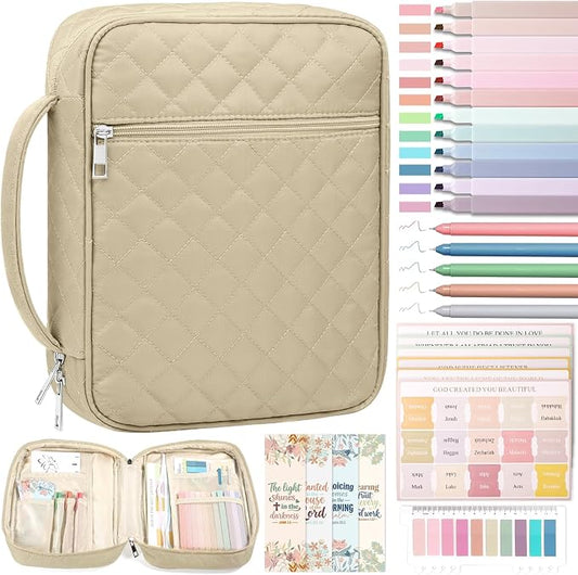 XKDOUS Quilted Bible Cover Case with Bible Study Accessories Kit, Waterproof Large Capacity Bible Bag for Women, Portable for Church Study, Multiple Morandi Color Options (Oat Beige)