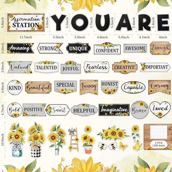 45pcs Sunflower Bulletin Board Set Motivational Posters Classroom Mirror Growth Mindset Decor Positive Affirmations Accents Cutouts for School Office Home Teacher Wall