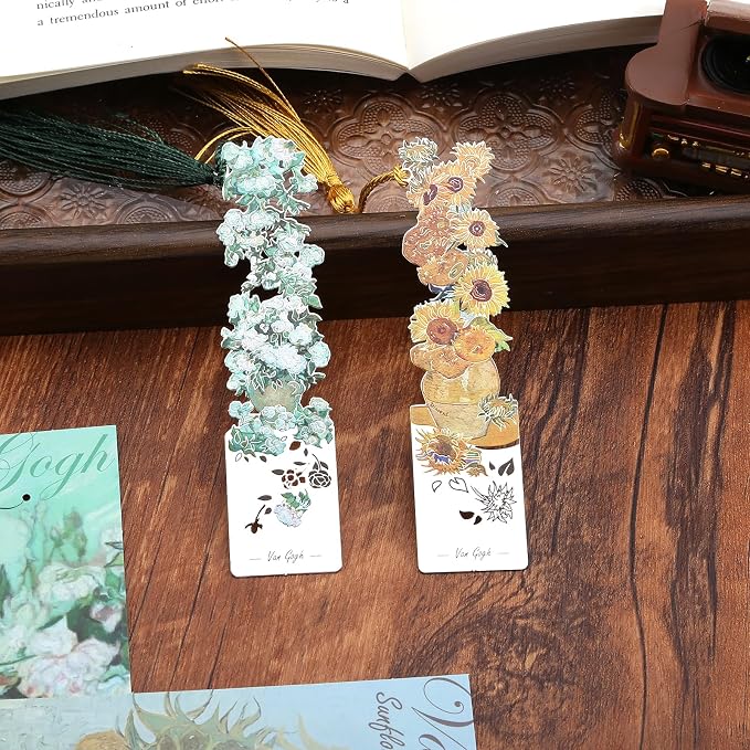 2 Metal Bookmarks with Tassel, Oil Painting Sunflowers and Vase with Roses
