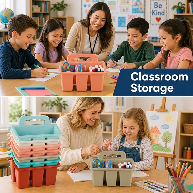 gisgfim 8 Pack Classroom Caddy Storage Basket with Handle 4 Compartment Storage Caddy Plastic Arts Crafts Caddies Protable Classroom Craft Caddies for Kids Schools Art Craft Supplies(Boho)