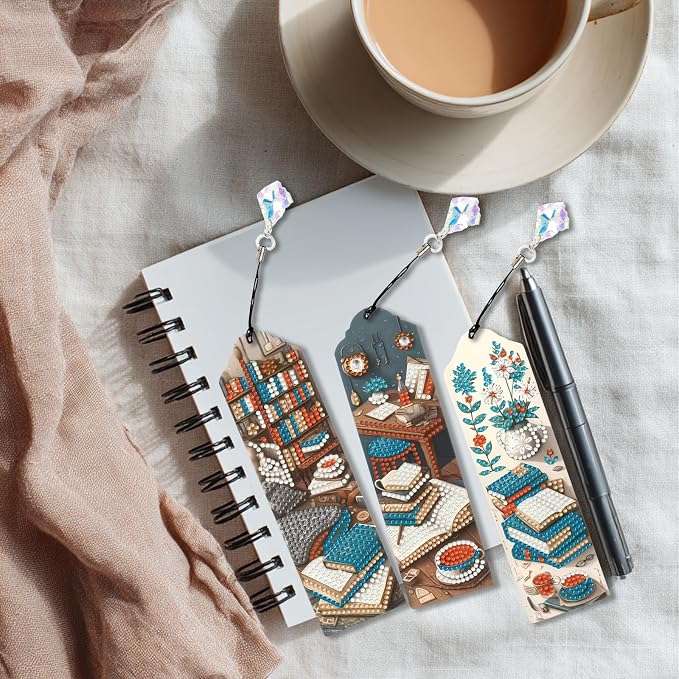 Book Diamond Art Bookmarks for Adults, 4 PCS Book Diamond Painting Bookmarks with Pendant, 5d Gem Art, Acrylic Bookmark Easy DIY Crafts for Books Decor Gift