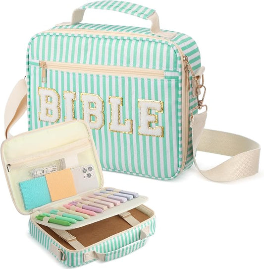 Dansydaisy Bible Cover Case for Women Large Chenille Letter Stripe Church Bible Bag with Shoulder Strap for Women(Green)
