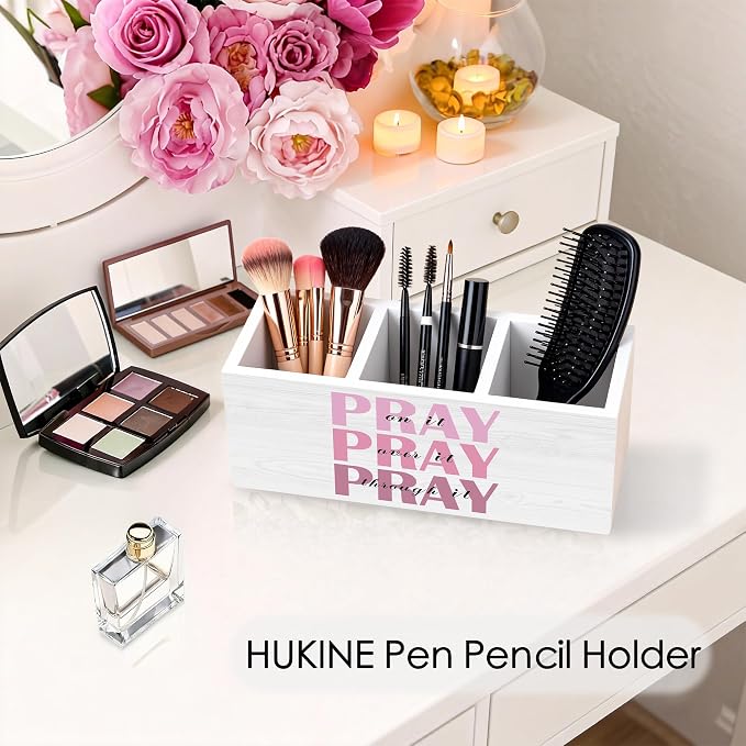 Pray on It Pray over It Bible Verse Pen Holder for Desk Decoration, Pink Inspirational Christian Wooden Box Sign Pencil Holder Organizer for Home Office Desk Accessories, Christian Gifts