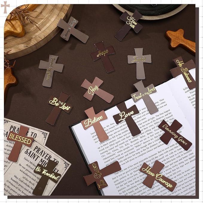 Outus 48 Pieces Magnetic Bookmarks Cross Christian Magnetic Page Markers Religious Bible Verses Bookmarks for Mother's Day Women Student School Reading Gifts Church Bible Study Group (Brown Style)