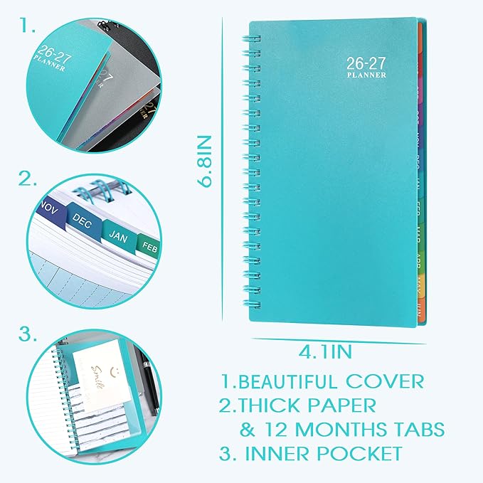 2026-2027 Pocket Calendar/Planner - Weekly & Monthly Pocket Planner for Purse, Jul. 2026 - Jun. 2027, 6.8" x 4.1", Strong Twin - Wire Binding, Plastic Cover