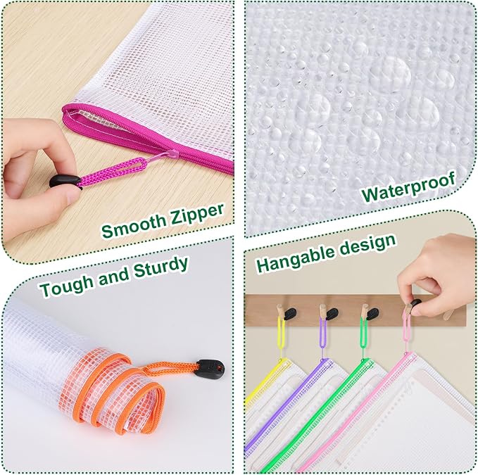 TUXIYA 50pcs Mesh Zipper Pouch Bags,A4 Letter Size,10 Colors 13"×9.3" Zipper Pouches for Organizing Storage,Mesh Bags with Zipper,for School,Office,Board Games & Puzzles and Travel Toiletries