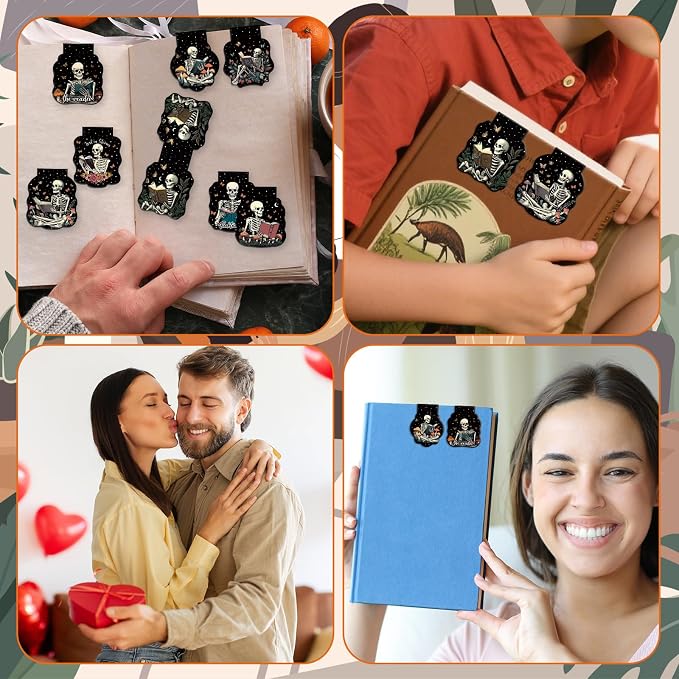Wxiben Gothic Skeleton Bookmark Magnetic - 8 Pcs Skeleton Reading Bookmarks Magnetic Flower Skull Book Lover Book Marks Page Magnets Marker Clip Gifts for Women Men Students Teacher Reader Bookish