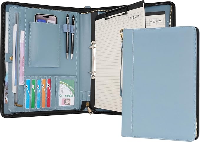 Wason A4 Portfolio with Zipper - Leather PU Padfolio with Detachable Ring Binder and Writing Notepad Holder, Conference File Multi-Pockets Organizer for Office Travel School (Misty Blue)