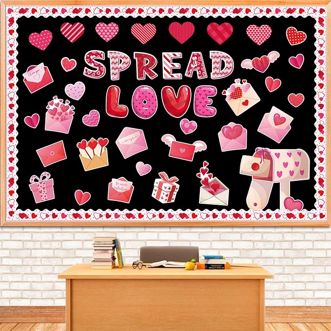86Pcs Valentine's Day Bulletin Board Decoration Set Heart Paper Cutouts Spread Love God Valentine Day Decorations for Classroom Pink Red Heart Church School Home Chalkboard Wall Door Party Decor