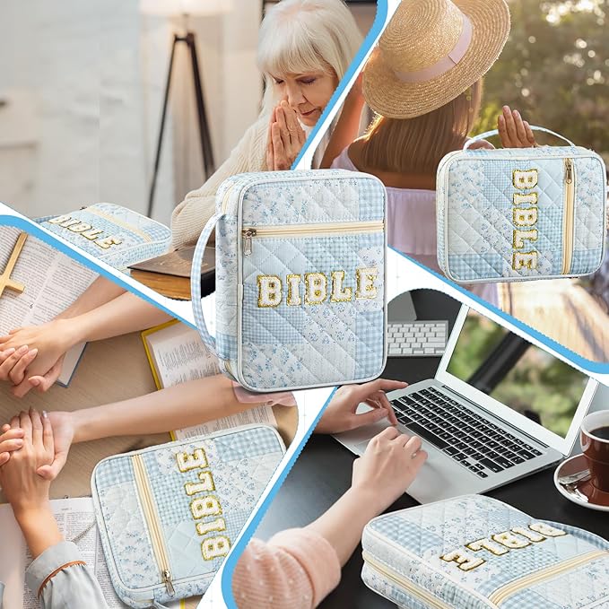 Sinload Quilted Bible Cover Case for Women Large Carrying Bag with Organizer Tabs 6 Colored Pens 6 Highlighters Book Tote Bags with Handle Bible Carry Supplies Christian Gifts(Blue Patch)