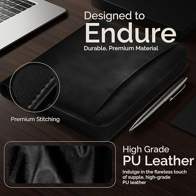 Black Zippered Leather Portfolio - High Capacity 2-Inch Spine - Fits Surface Go & iPad Pro/Air 11 Inch - Professional Resume Padfolio