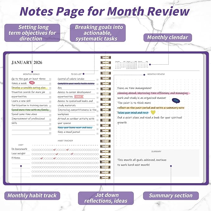 Monthly Planner 2026-2027, Jan 2026 - Dec 2027, 2 Year Calendar 2026-2027 Monthly Planner, 7.5" x 10", 24 month Calendar With Goals To Do List, Habit Tracker Suitable for Schools & Offices & Home, Purple