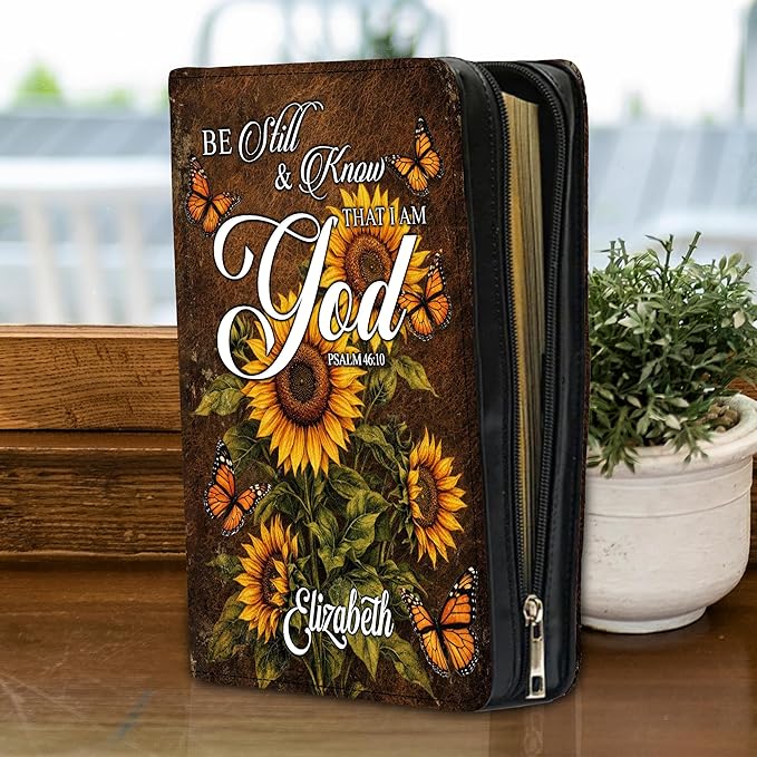 Custom Leather Bible Cover with Name – Personalized Bible Case for Women Zippered with Handle, Bookmark & Storage Pockets, Christian Gift for Mom, Daughter, Grandma (Be Still & Know, M-2XL)