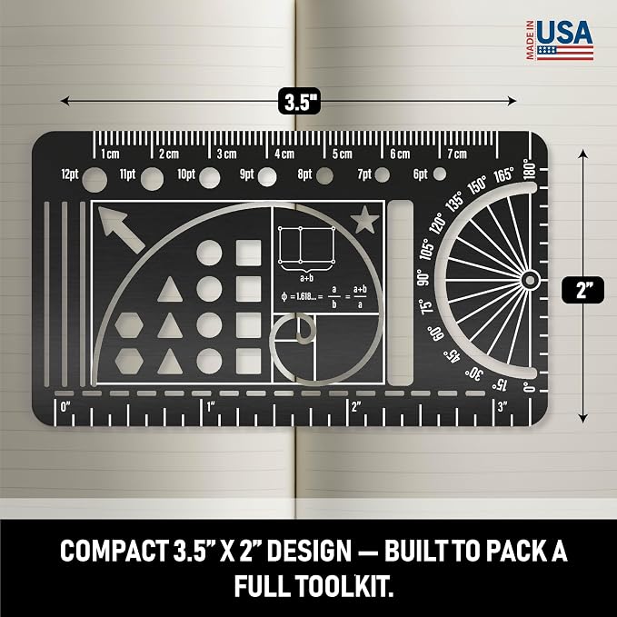 Pocket Journal Stencil - Stainless Steel Metal Bookmark with Circle Template, Ruler Conversion, Protractor & Golden Ratio - Planner Accessories for Journaling, Bible Study, Sketching & Notes