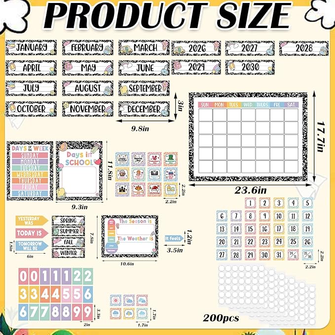 Whaline Composition Notebook Calender Bulletin Board Decorations Composition Classroom Calender Set with Chart Cutouts for Back to School Party Supplies