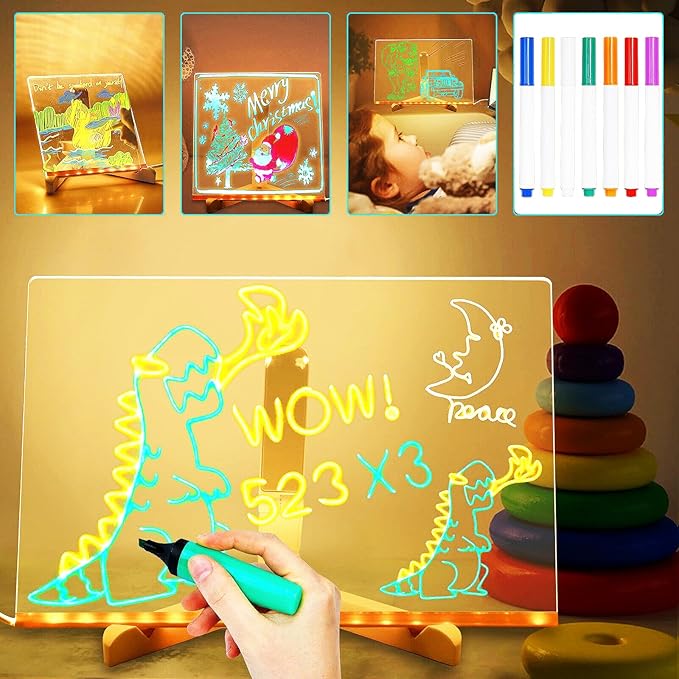 LED Note Board with Colors, Acrylic Led Note Board with Colors, Light up Dry Erase Board with Stand & 7 Pens, Glowing Memo Letter Message Board for Home Office School (7.87" x 11.81")