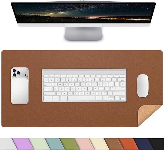AFIING Leather Desk Mat 35.4" x 17", Brown | Dual-Sided Cork & PU Leather, Large Mouse Pad, Non-Slip & Waterproof