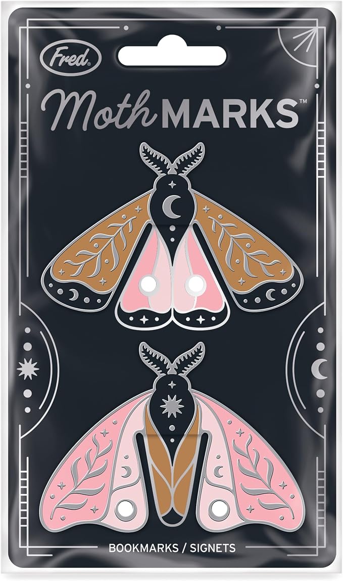 Genuine Fred Moth Marks Metal Bookmarks, Set of 2 Steel Moth-Shaped Page Markers, Lightweight, Modern Design, Celestial Details