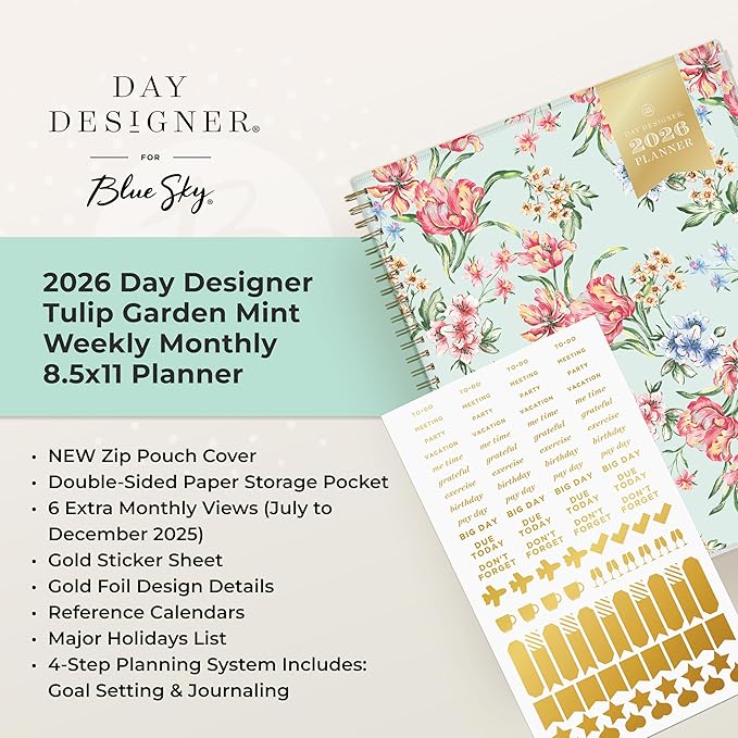 Blue Sky Day Designer 2026 Weekly and Monthly Planner Calendar, January 2026 - December 2026, 8.5" x 11", Flexible Cover With Zip Pouch, Durable Twin Wire Binding, Storage Pocket, Includes Stickers, Tulip Garden Mint