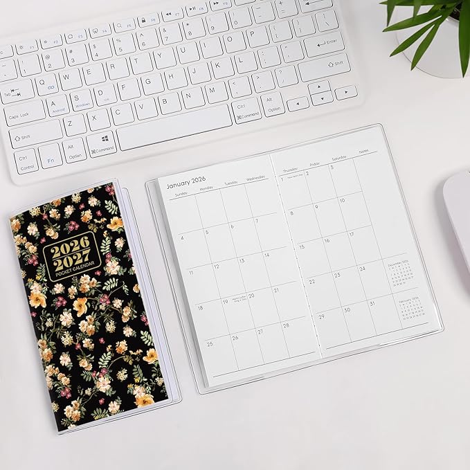 Pocket Calendar 2026-2027, Monthly Purse Planner - 6.7" x 3.7" - Runs from January 2026 Until December 2027, Pocket Calendar with PVC Cover for Planning, Organizing and Office - Black Flower