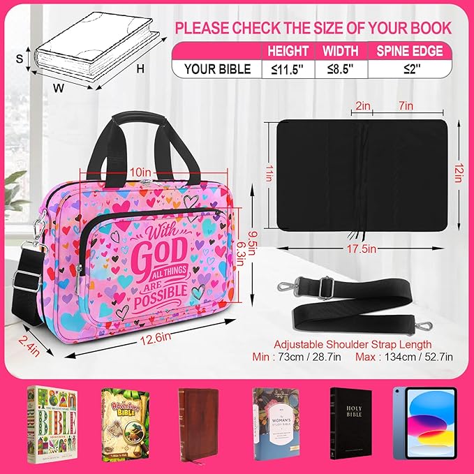 Large Bible Cover for Women,Bible Carrying Case,Bible Bag for Girl Kid,Heart Bible Holder Organizer,With God All Things Are Possible,Bible Study Supplie Kit With Highlighters,Tabs,Pens,Christian Gifts