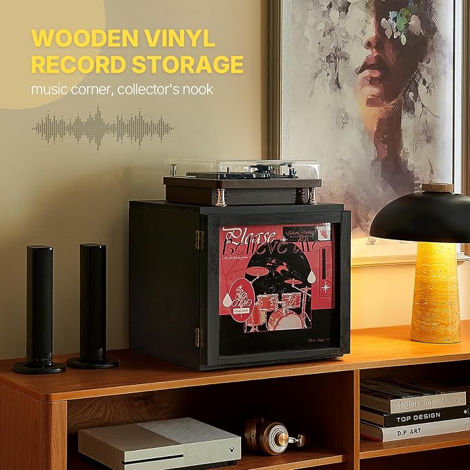DGWJSU Vinyl Record Storage, Record Storage Box Holds 120 Records, Wooden Vinyl Holder Display Window(7″/10″/12″), Vinyl Storage For Music Corners, Display Collections, Home Theaters, Living Rooms