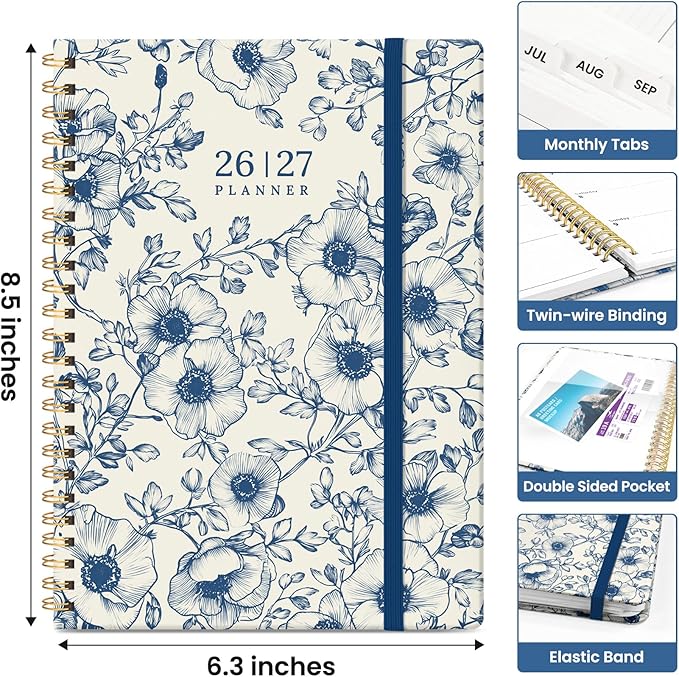 Planner 2026–2027, Weekly & Monthly Academic Organizer for School Year, Jul 2026–Jun 2027, Hardcover Planner with Tabs, Back to School Essential, 6.3" x 8.5", Porcelain Bloom