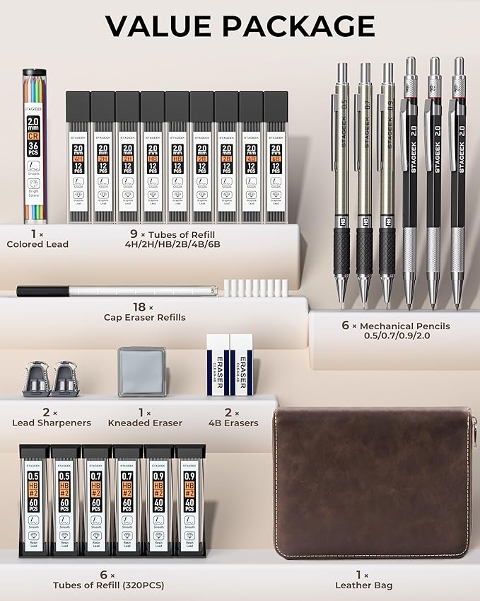 STAGEEK Drawing Pencil Set with Leather Bag 30 Count, Mechanical Pencils 0.5, 0.7, 0.9MM & 3PCS 2MM Sketch Pencils with 464PCS Lead Refills (6B 4B 2B HB 2H 4H Color) for Artist Drafting Drawing