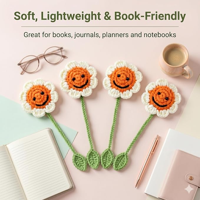 4 Pack Sunflower Crochet Bookmarks,Handmade Knitted Sunflower Book Marker for Women Personalized Book Marks for Reading Men, Book Lover Teacher Kids Birthday Gift,Cute Unique Bookmarks